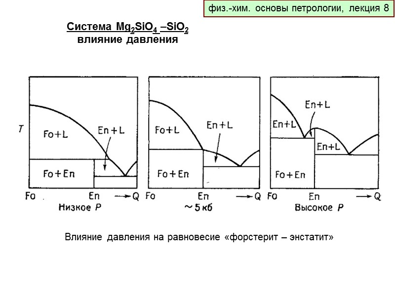 физ.-хим. основы петрологии, лекция 8 Система Mg2SiO4 –SiO2 влияние давления Влияние давления на равновесие